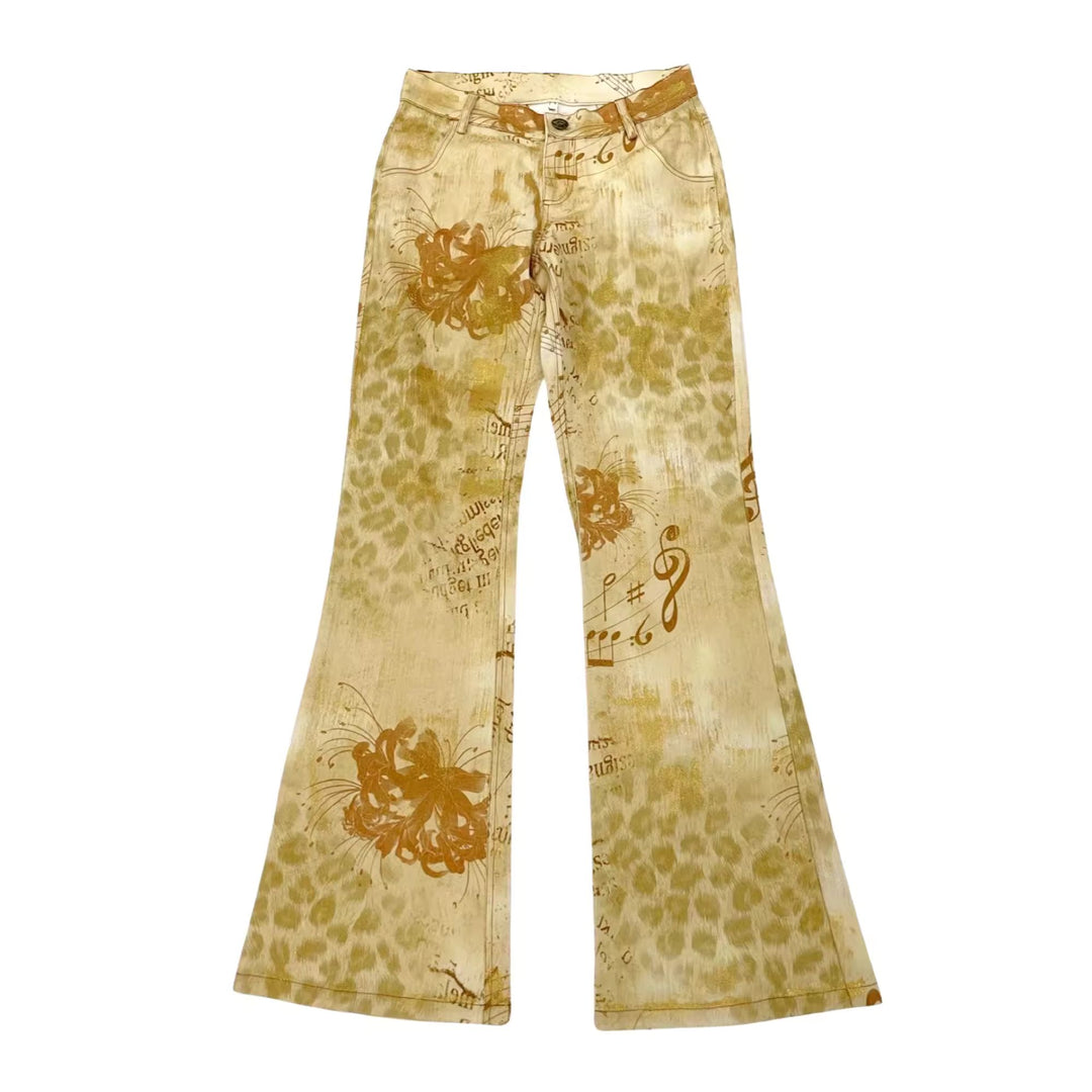 Floral Leopard Print Jeans - Yellow