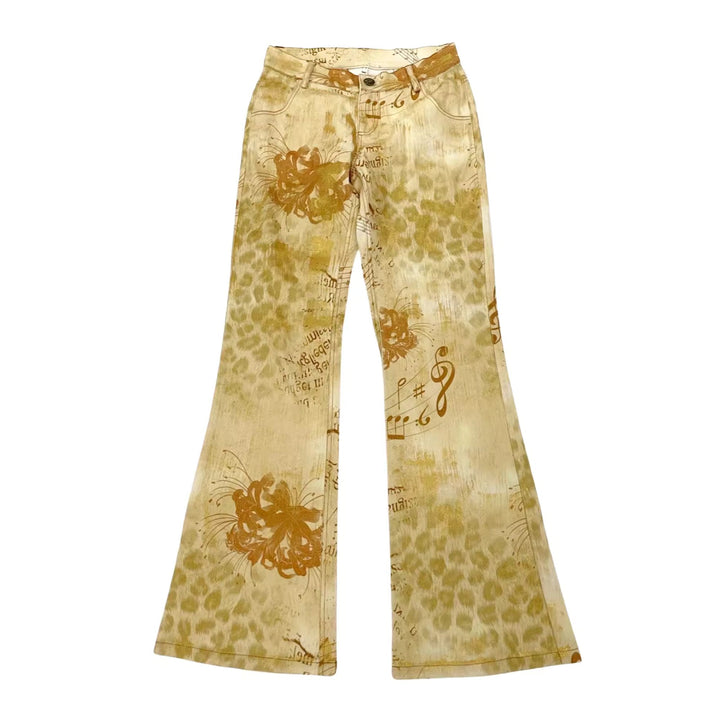 Floral Leopard Print Jeans - Yellow