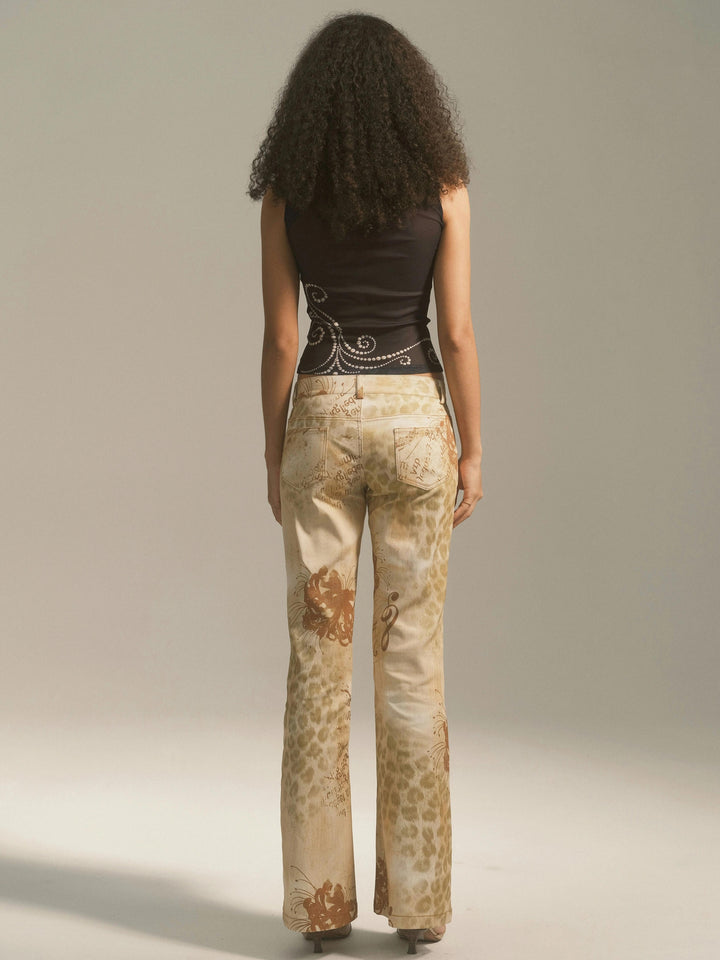 Floral Leopard Print Jeans - Yellow