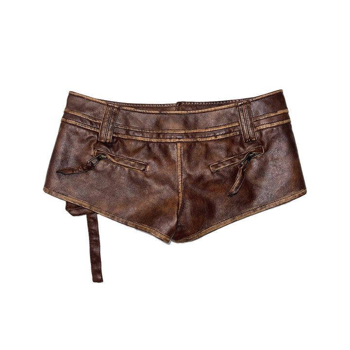 Low Rise Faux Leather Shorts - Brown