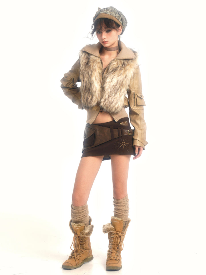 Faux Fur Leather Jacket - Beige