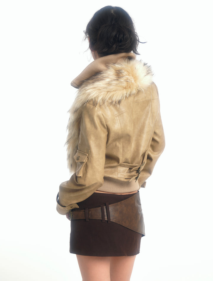 Faux Fur Leather Jacket - Beige