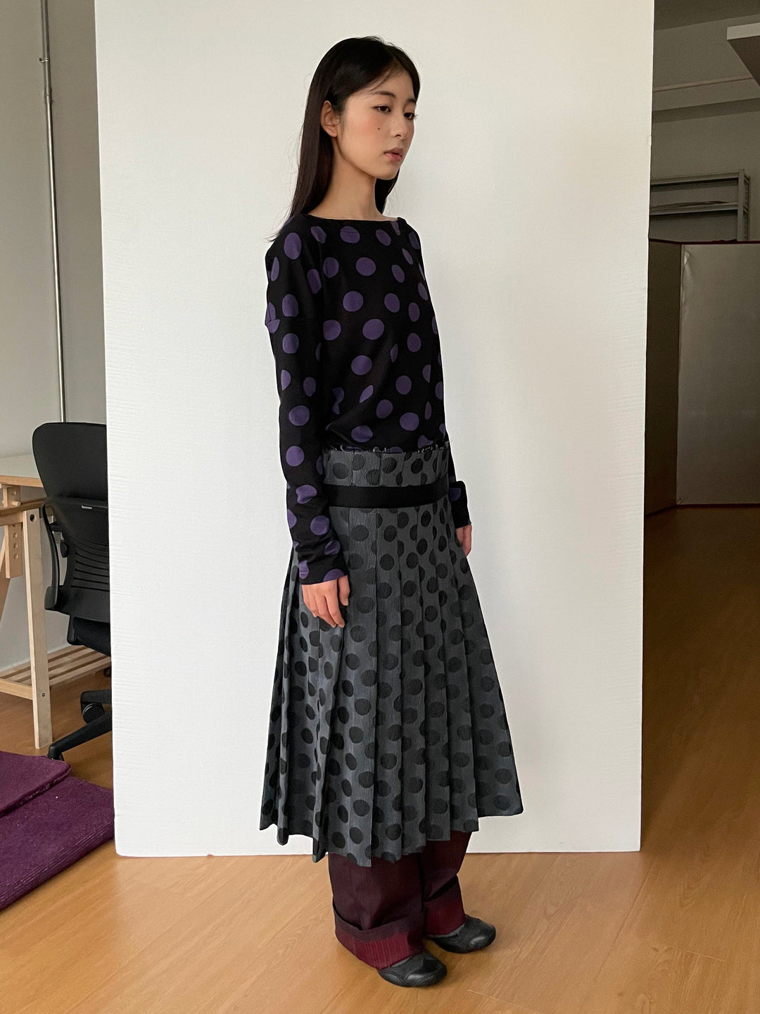 Polka Dot Pleated Midi Skirt