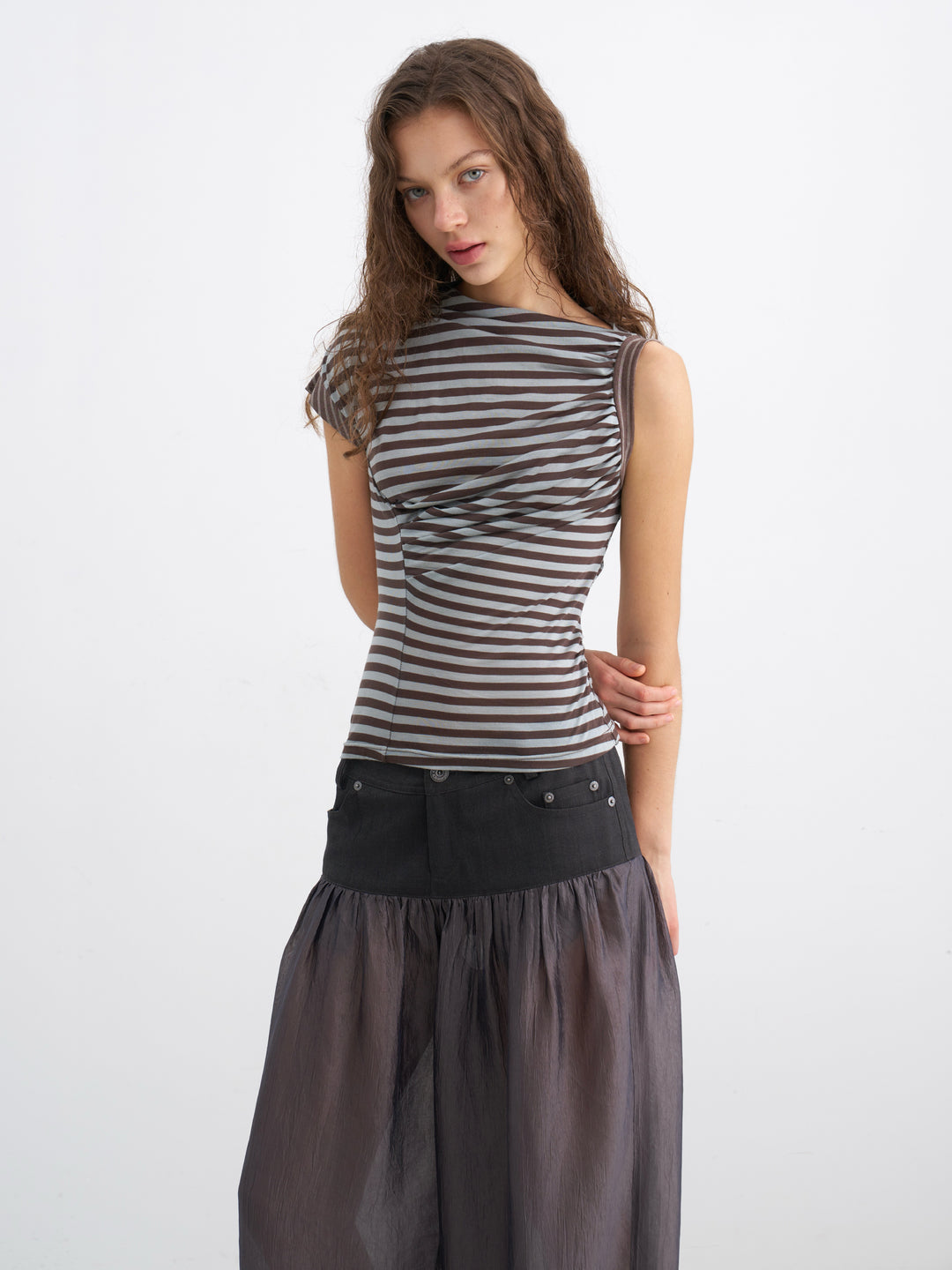 Asymmetric Gathered Striped Top