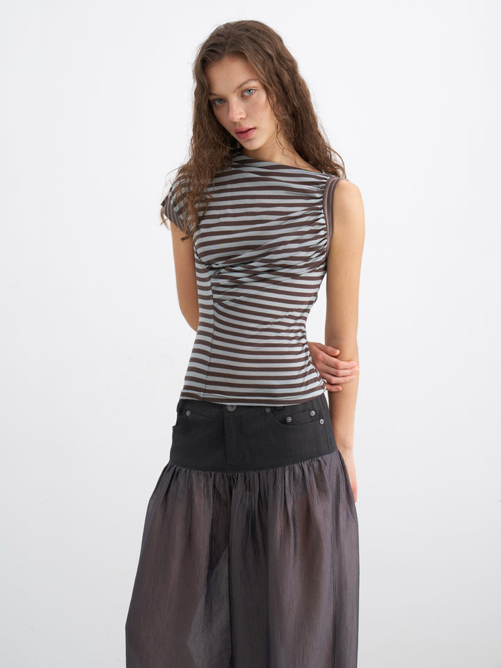 Asymmetric Gathered Striped Top