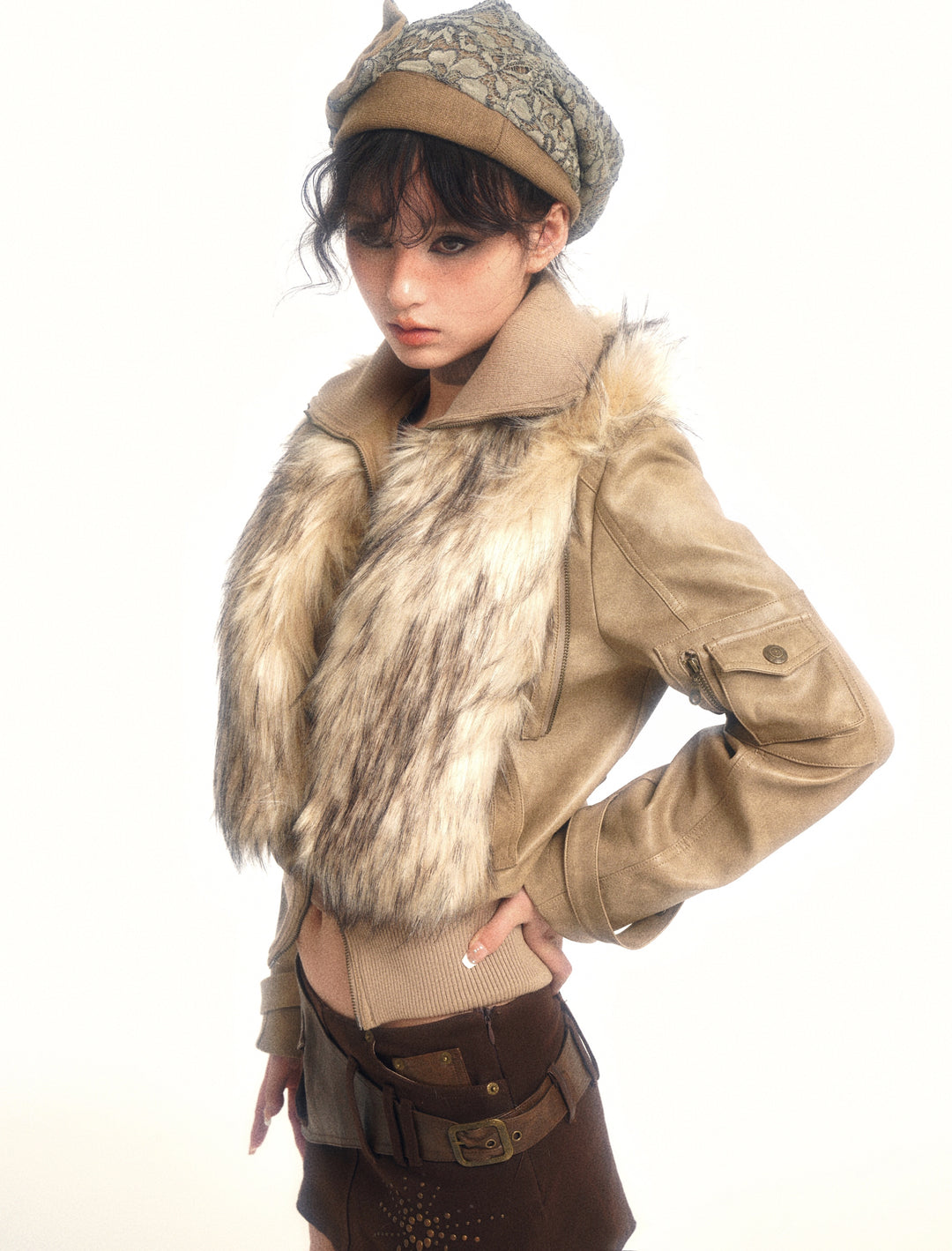 Faux Fur Leather Jacket - Beige