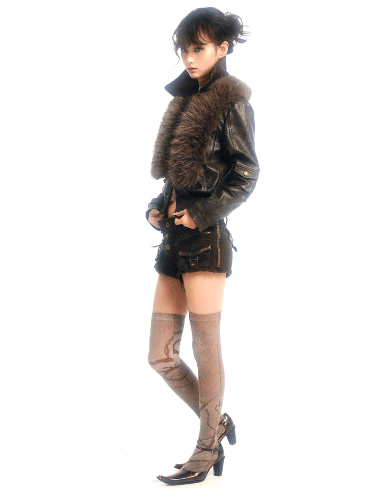 Faux Fur Leather Jacket - Brown