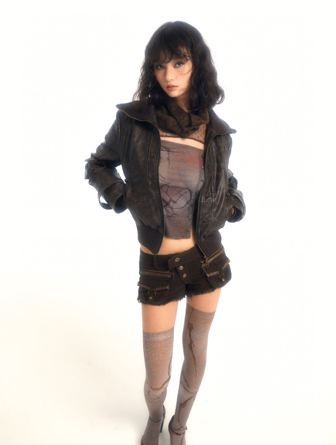 Faux Fur Leather Jacket - Brown