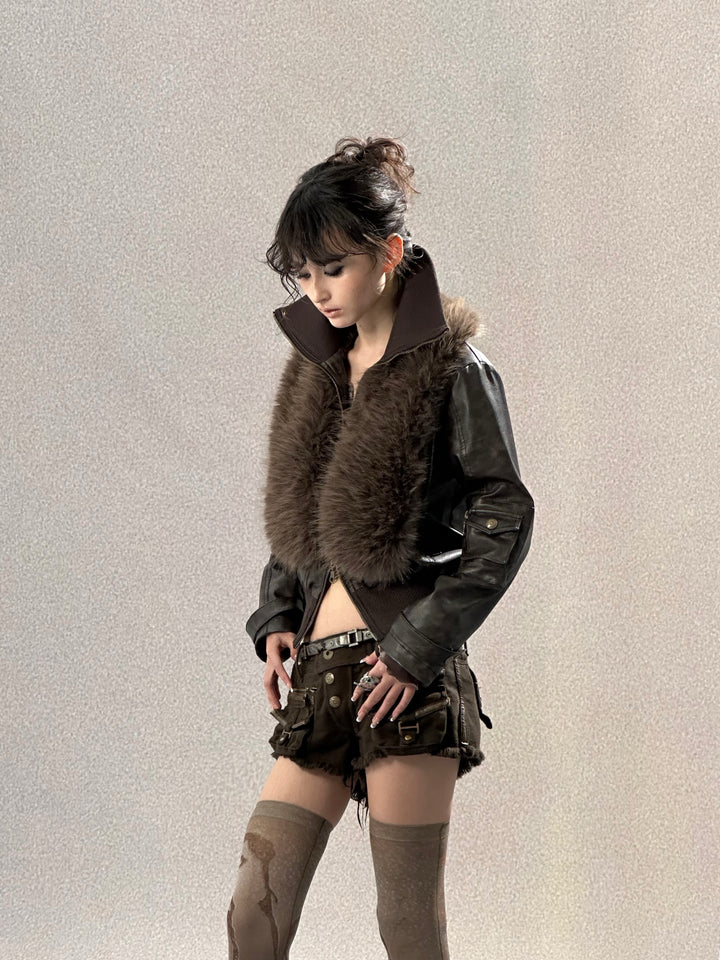 Faux Fur Leather Jacket - Brown