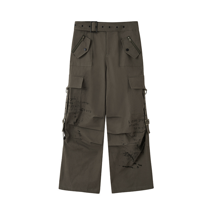 Text Print Cargo Pants - Khaki