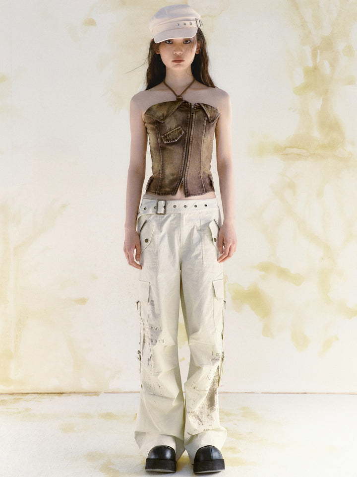 Text Print Cargo Pants - Cream