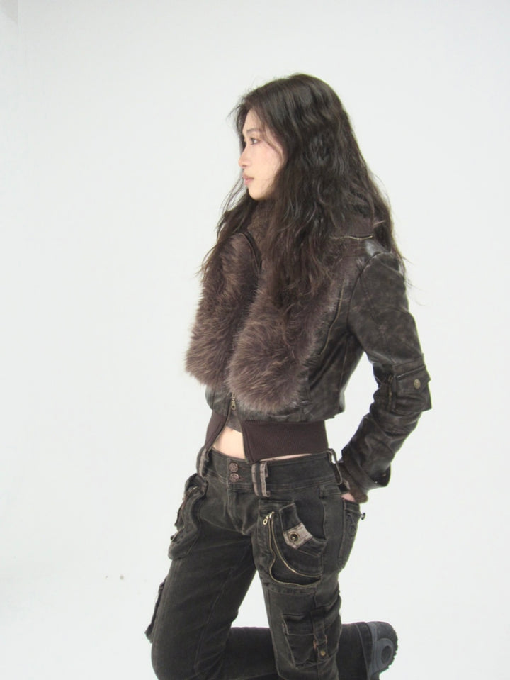 Faux Fur Leather Jacket - Brown