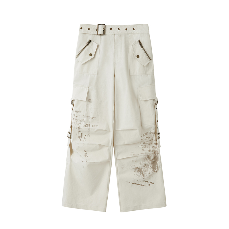 Text Print Cargo Pants - Cream