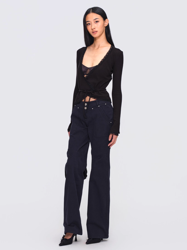 Lace Trim Wrap Cardigan - Black