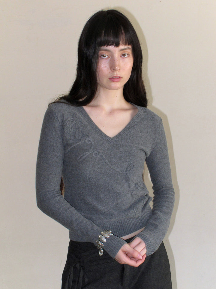 Embroidered Bow Sweater - Grey