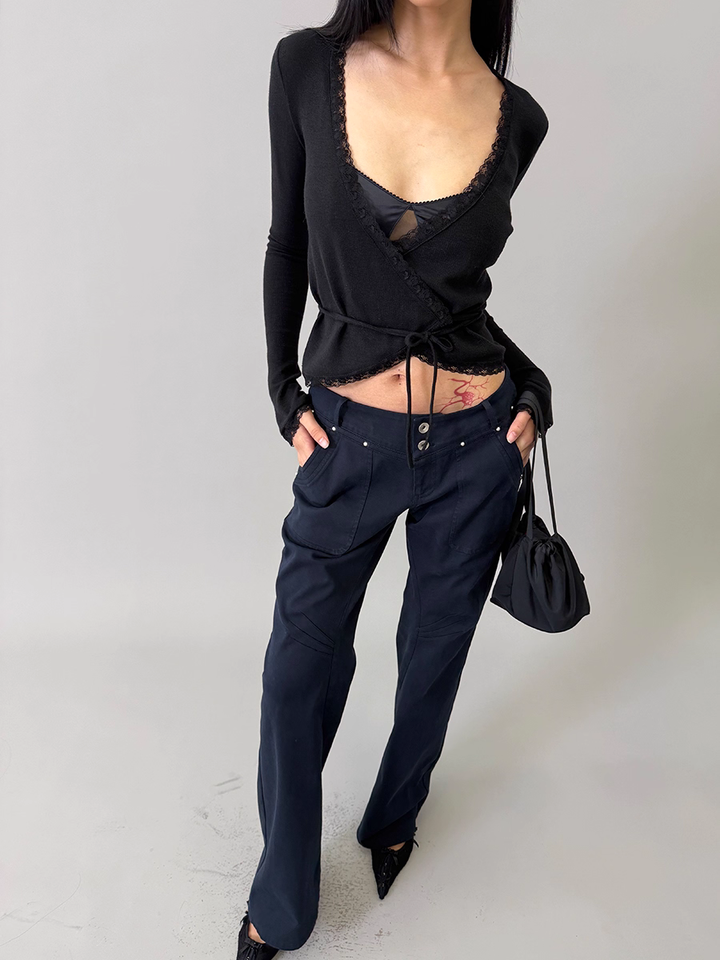 Lace Trim Wrap Cardigan - Black