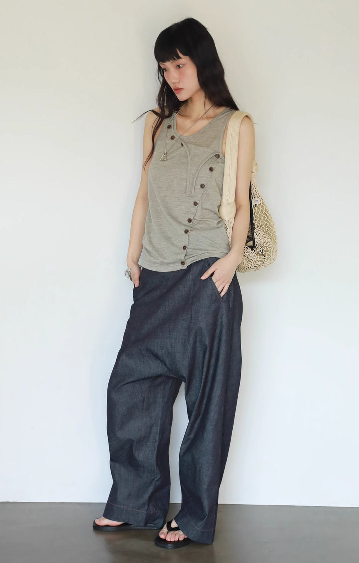 Layered Button Tank Top - Grey