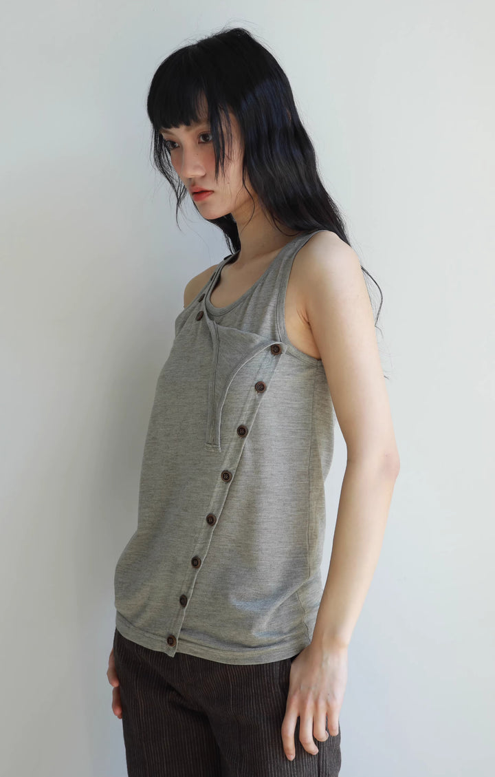 Layered Button Tank Top - Grey
