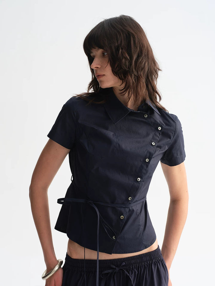 Asymmetric Button Tie Waist Shirt