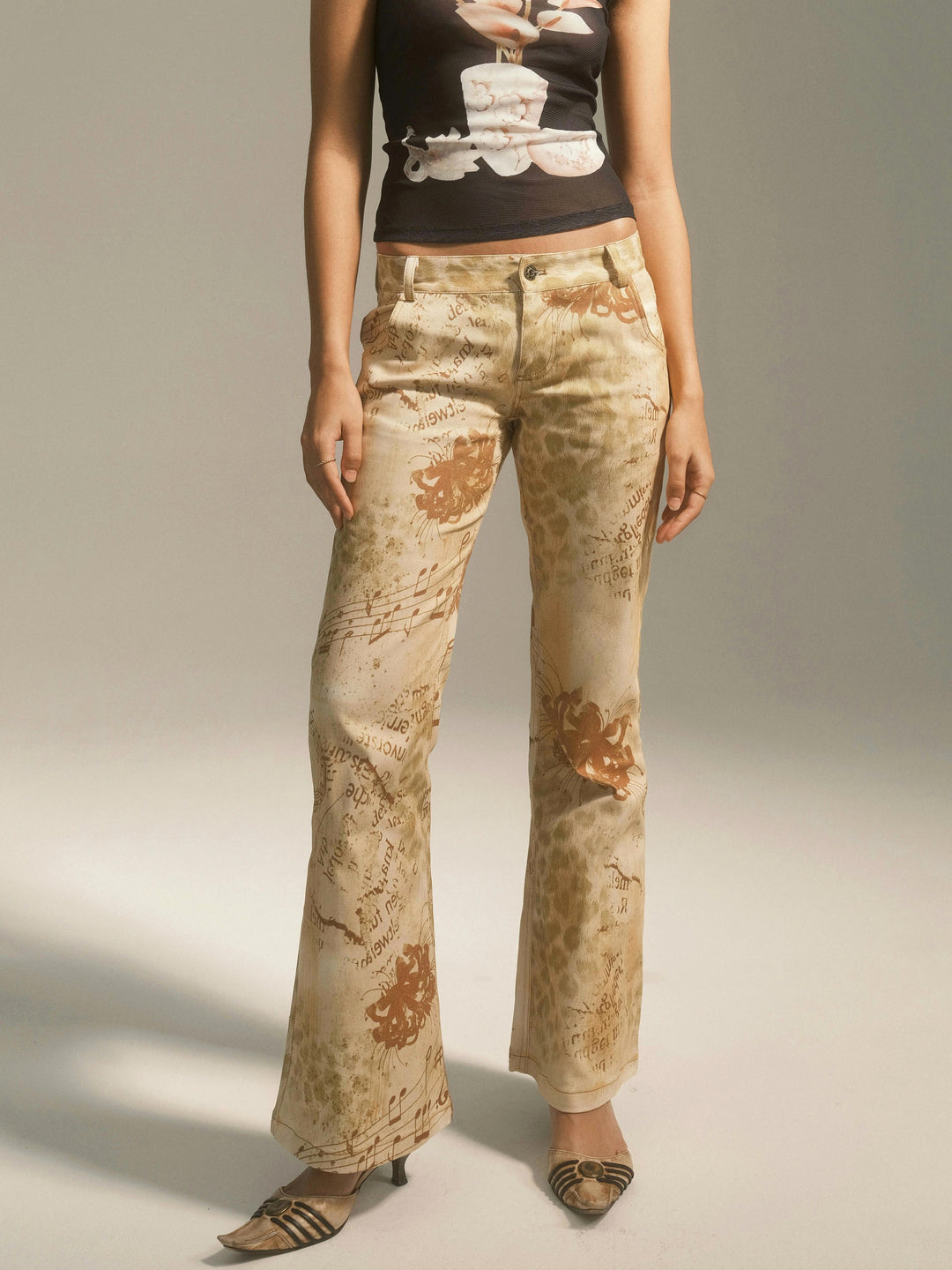 Floral Leopard Print Jeans - Yellow