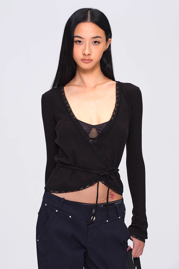 Lace Trim Wrap Cardigan - Black