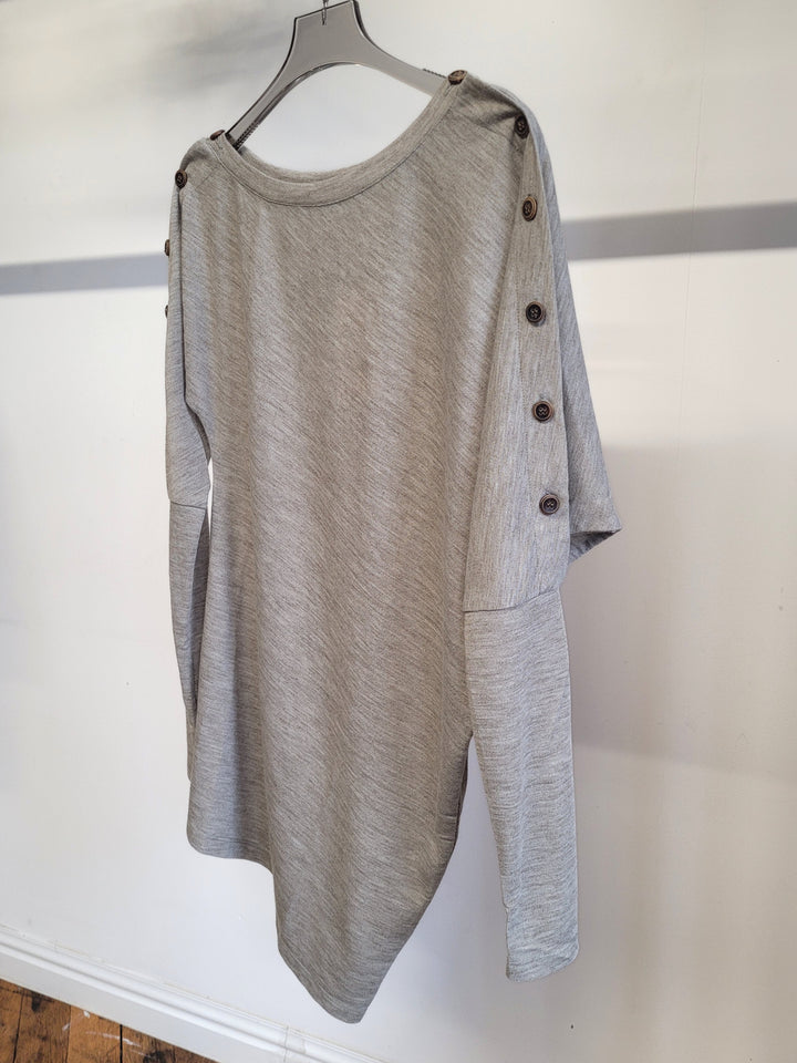 Asymmetric Button Long Sleeve Top - Grey