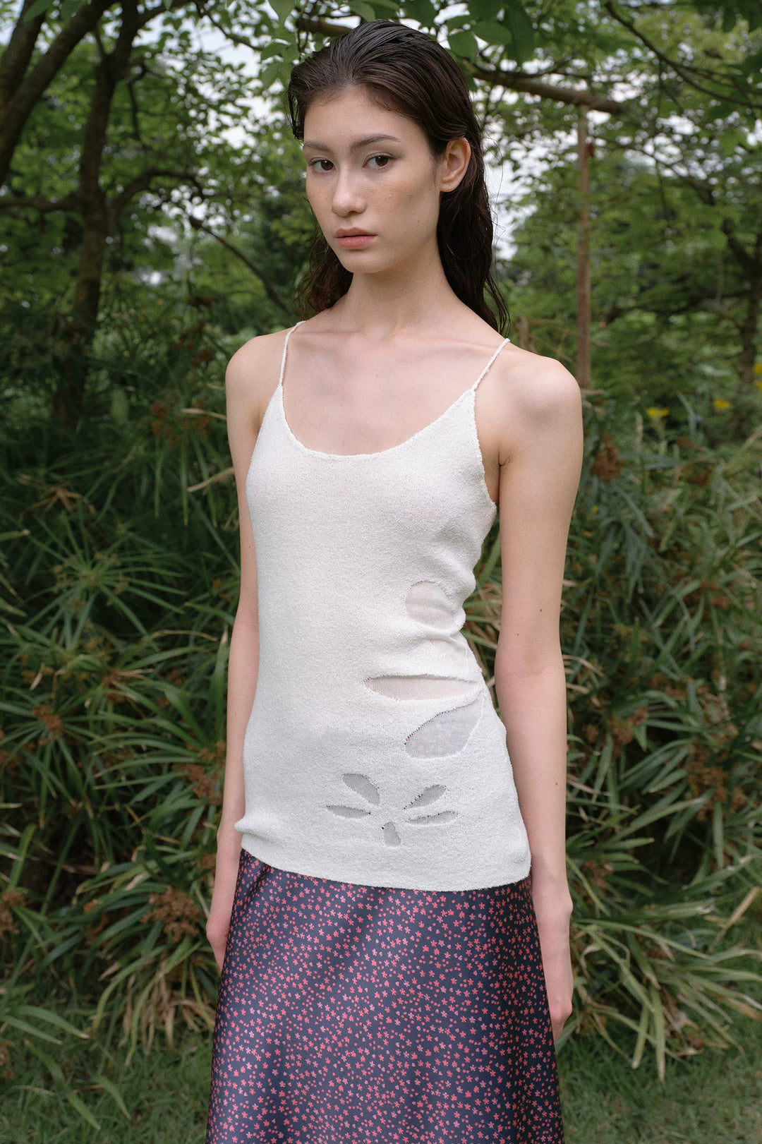 Floral Knit Cami Top - White