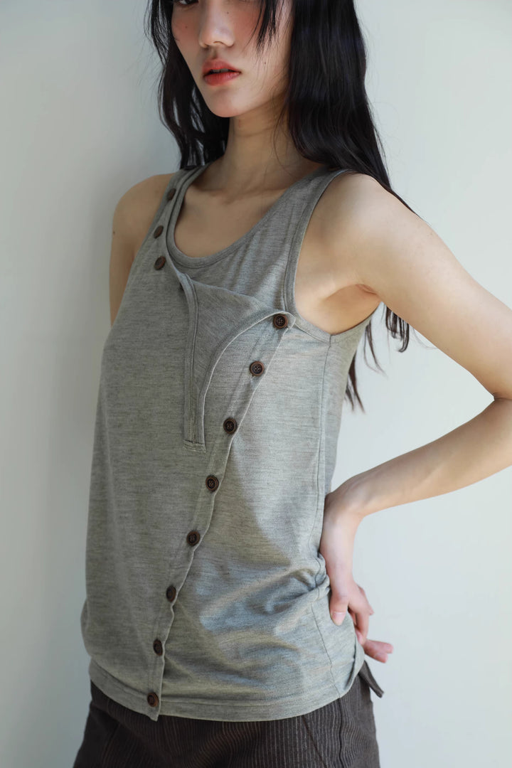 Layered Button Tank Top - Grey