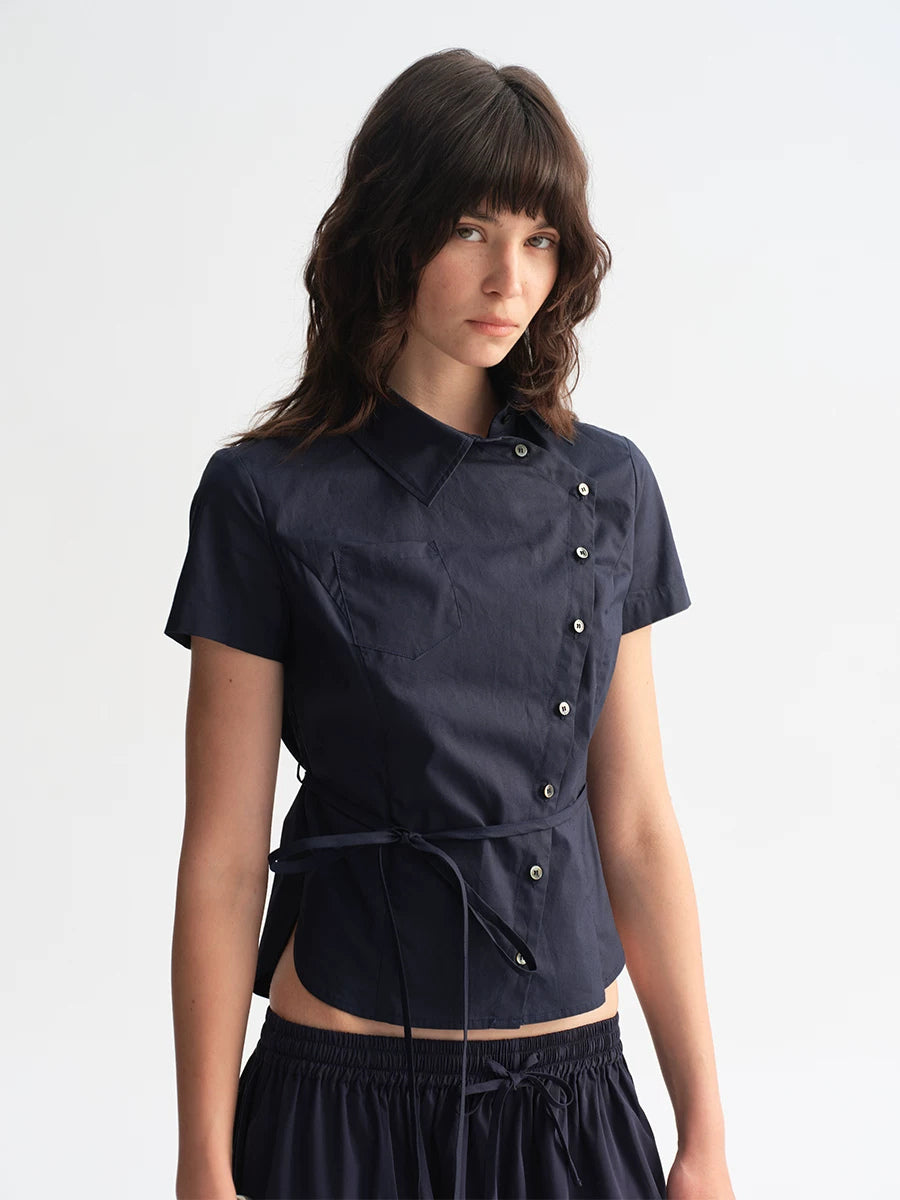 Asymmetric Button Tie Waist Shirt