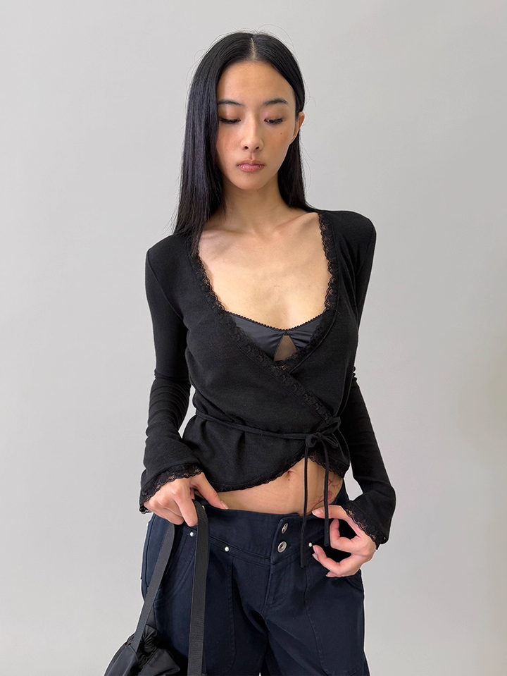 Lace Trim Wrap Cardigan - Black