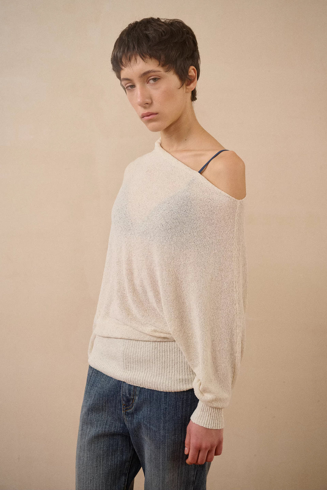Semi-Sheer One Shoulder Sweater