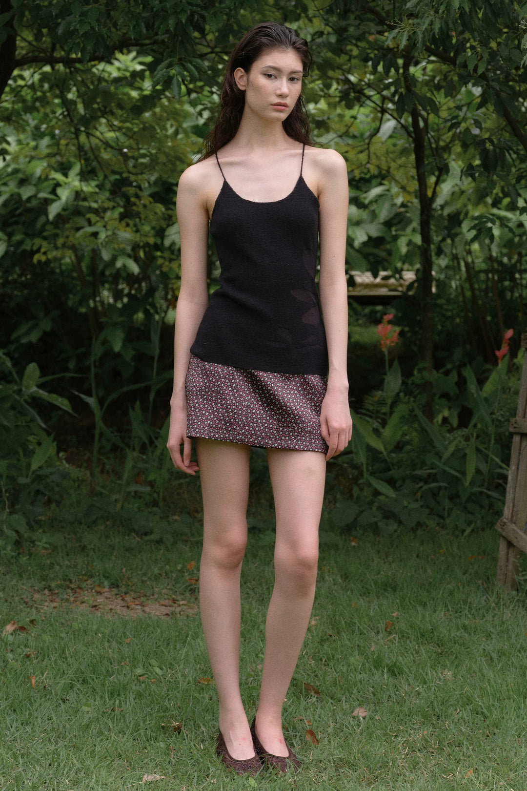 Floral Knit Cami Top - Black