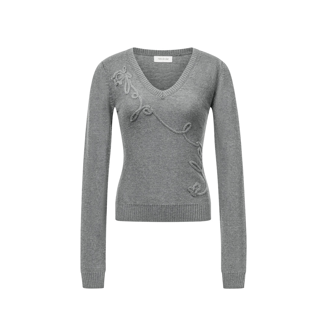Embroidered Bow Sweater - Grey