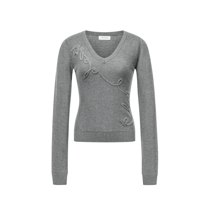 Embroidered Bow Sweater - Grey