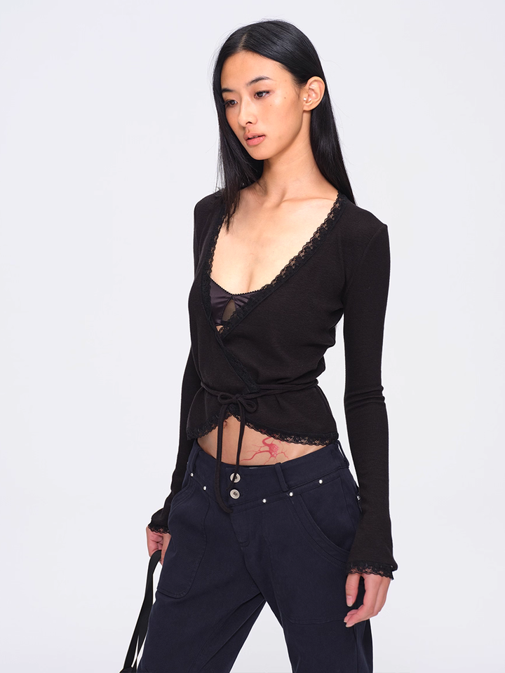 Lace Trim Wrap Cardigan - Black