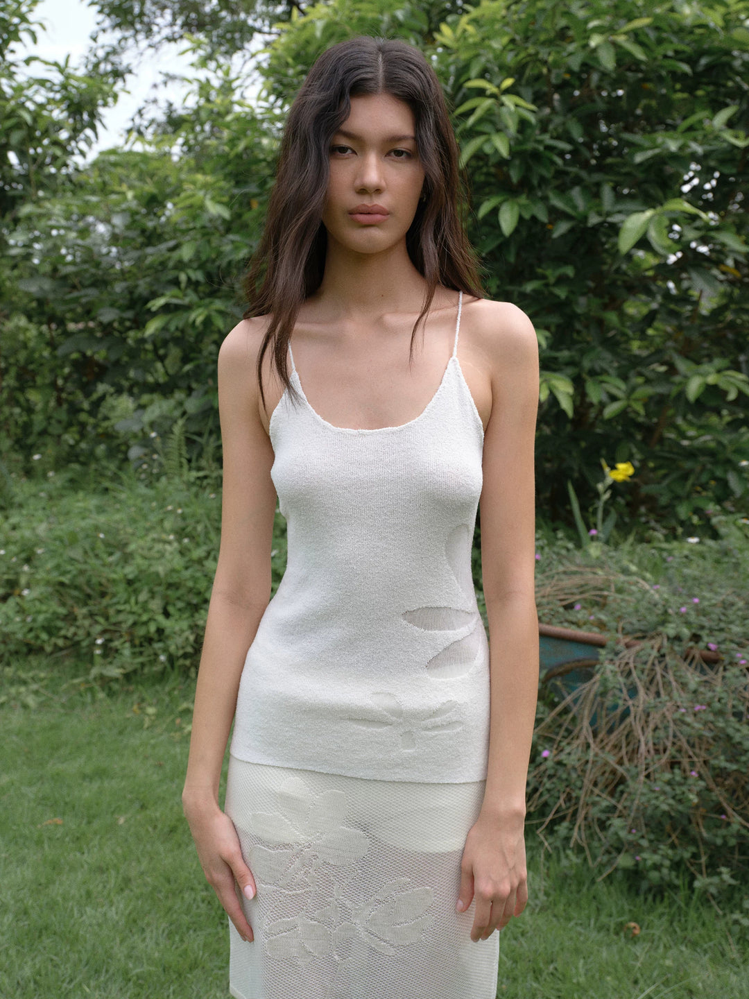 Floral Knit Cami Top - White