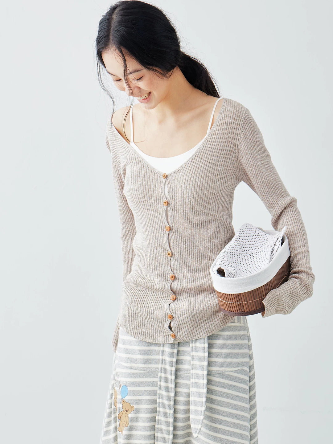 Ramie Blend Rib Knit Cardigan