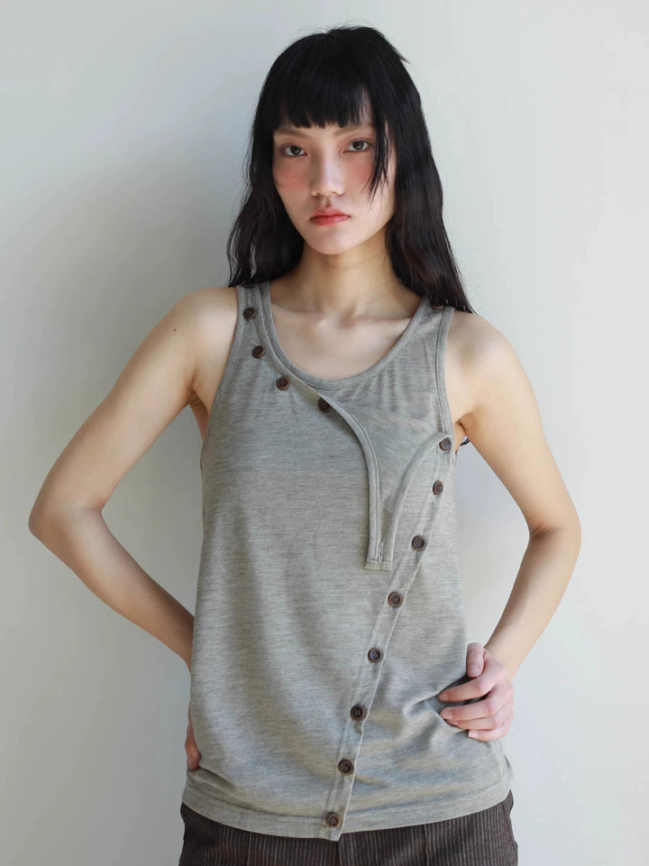 Layered Button Tank Top - Grey