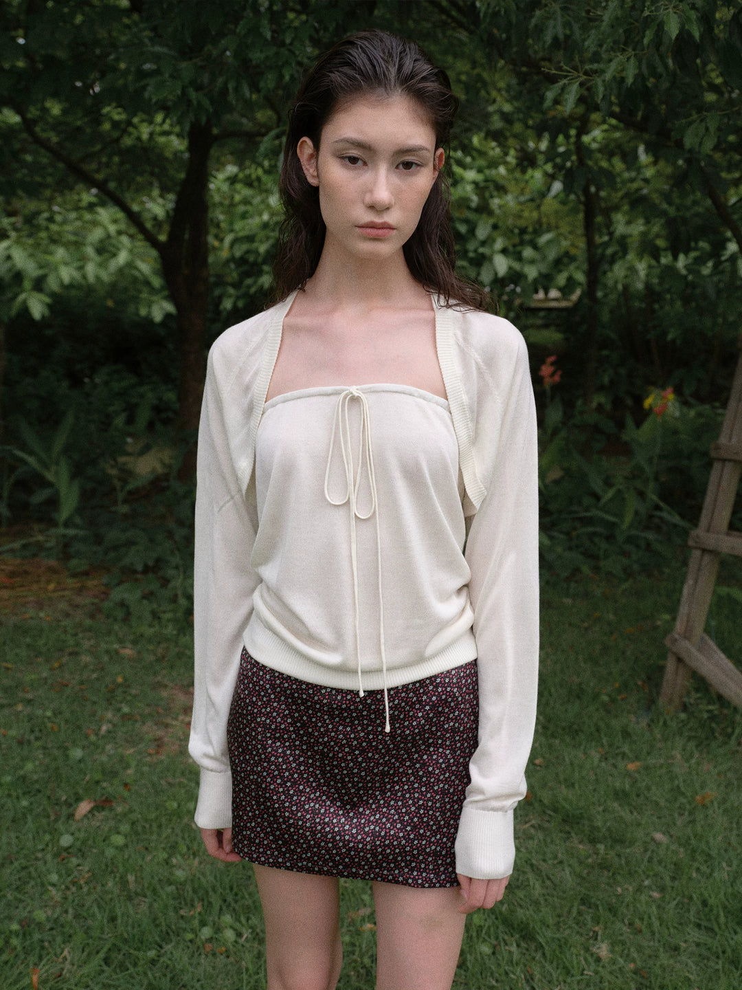 Cardigan and Tube Top Set - Cream