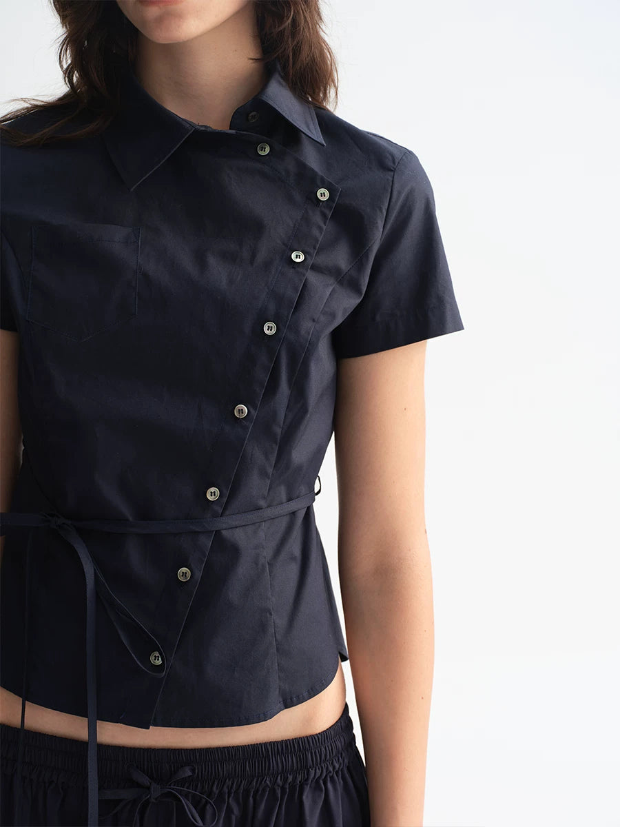 Asymmetric Button Tie Waist Shirt