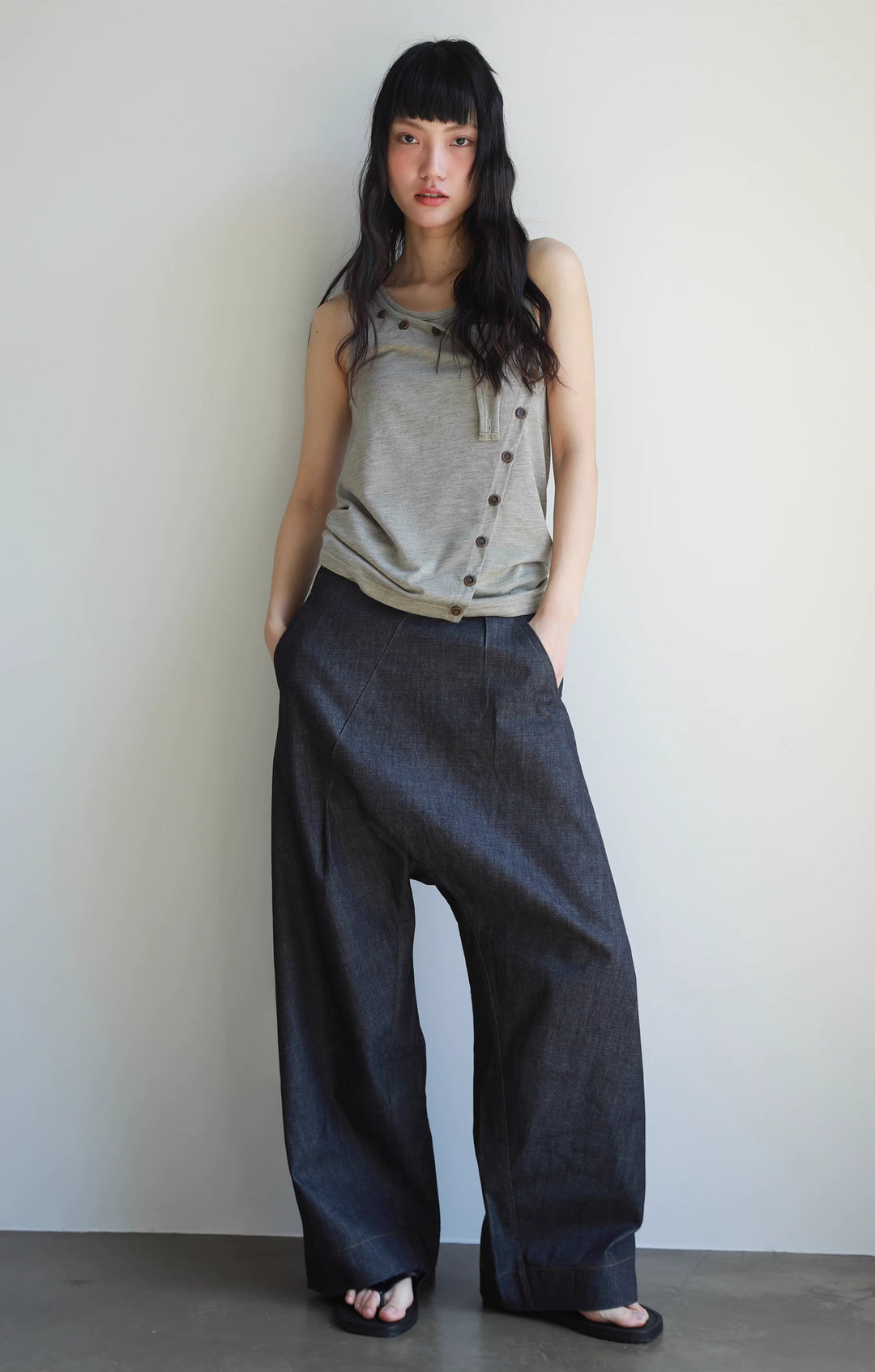 Layered Button Tank Top - Grey