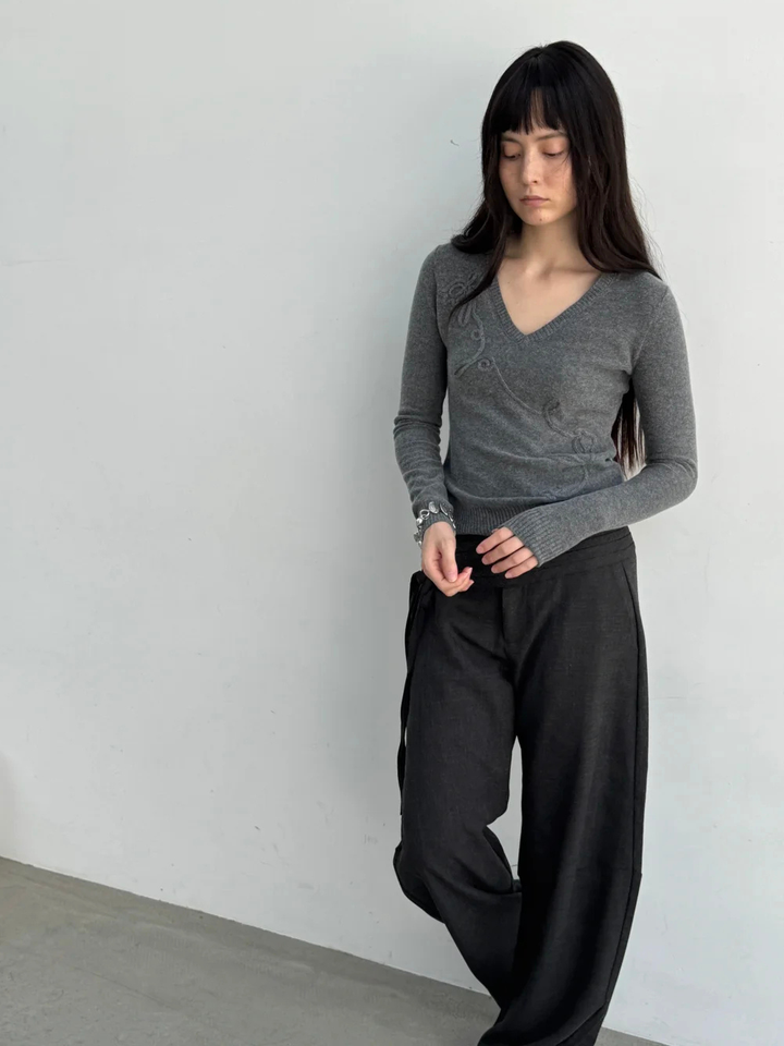 Embroidered Bow Sweater - Grey