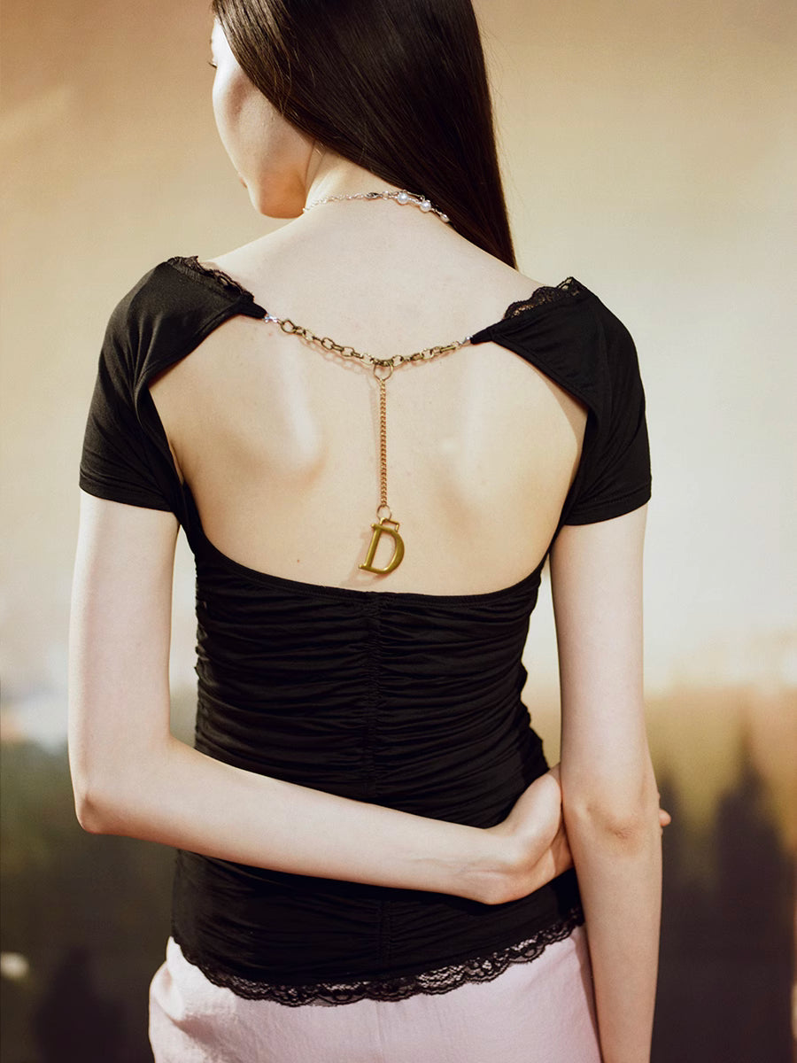 Ruched Open Back Top - Black