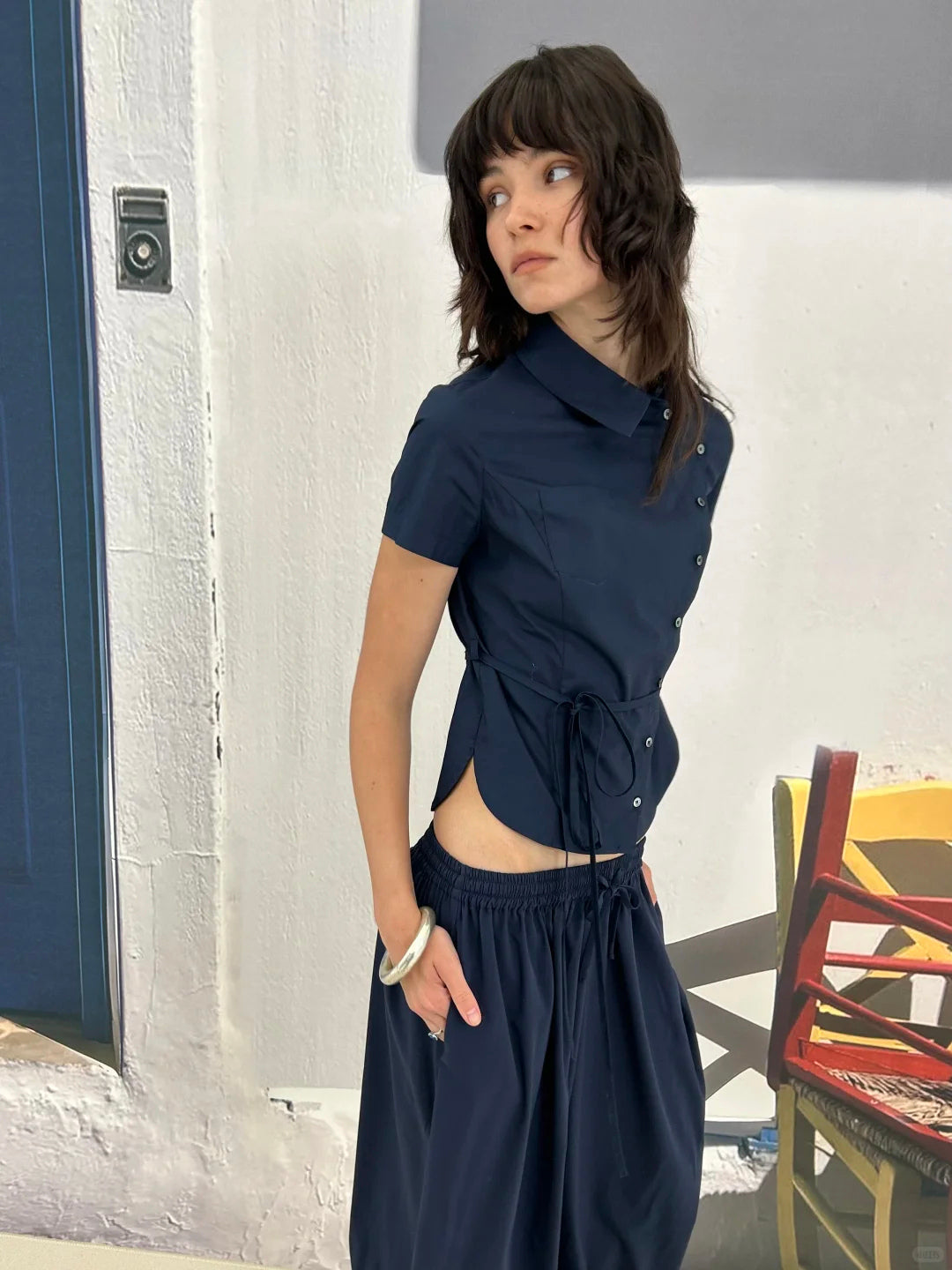 Asymmetric Button Tie Waist Shirt