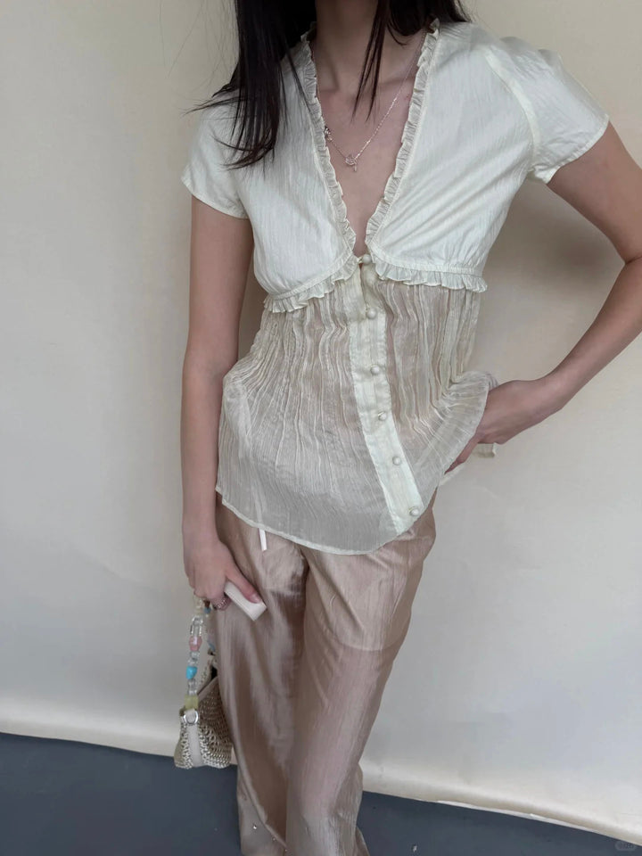 Contrast Pleated Sheer Blouse