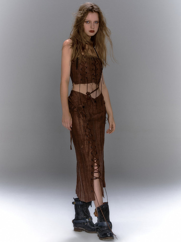 Asymmetric Lace Up Skirt - Brown