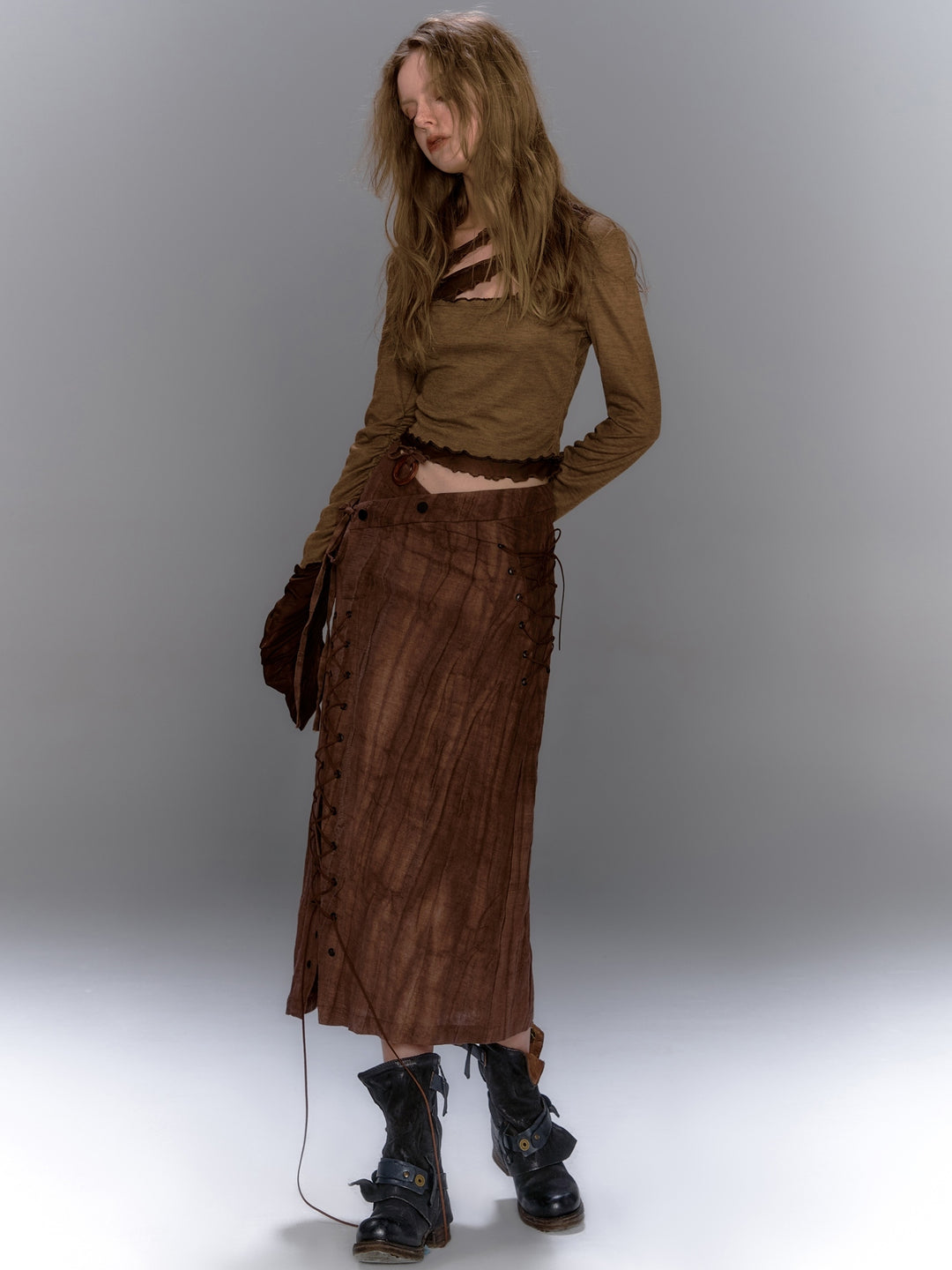 Asymmetric Lace Up Skirt - Brown