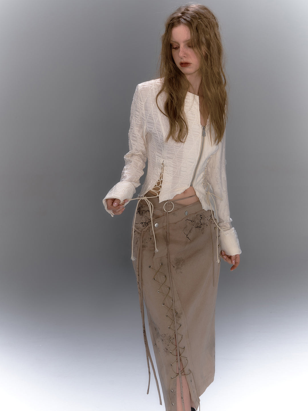 Asymmetric Lace Up Skirt - Beige