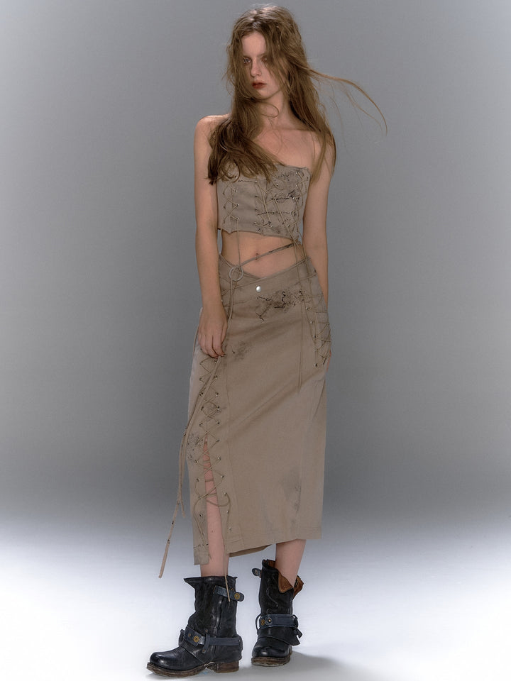 Asymmetric Lace Up Skirt - Beige