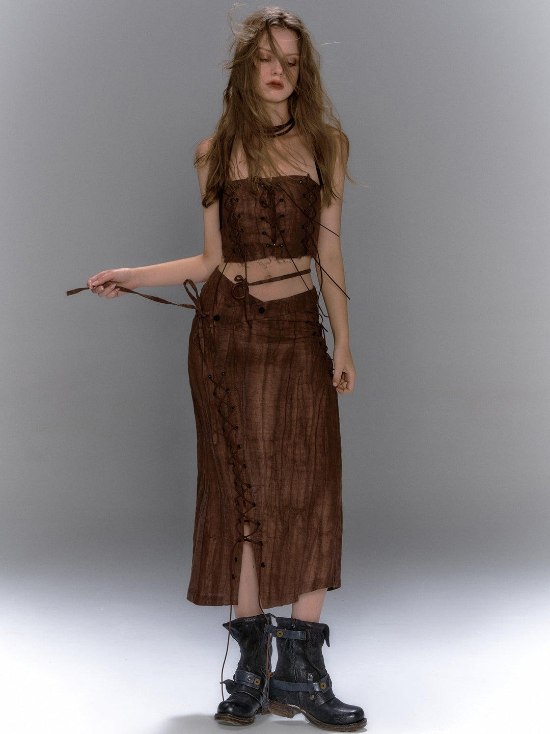 Asymmetric Lace Up Skirt - Brown